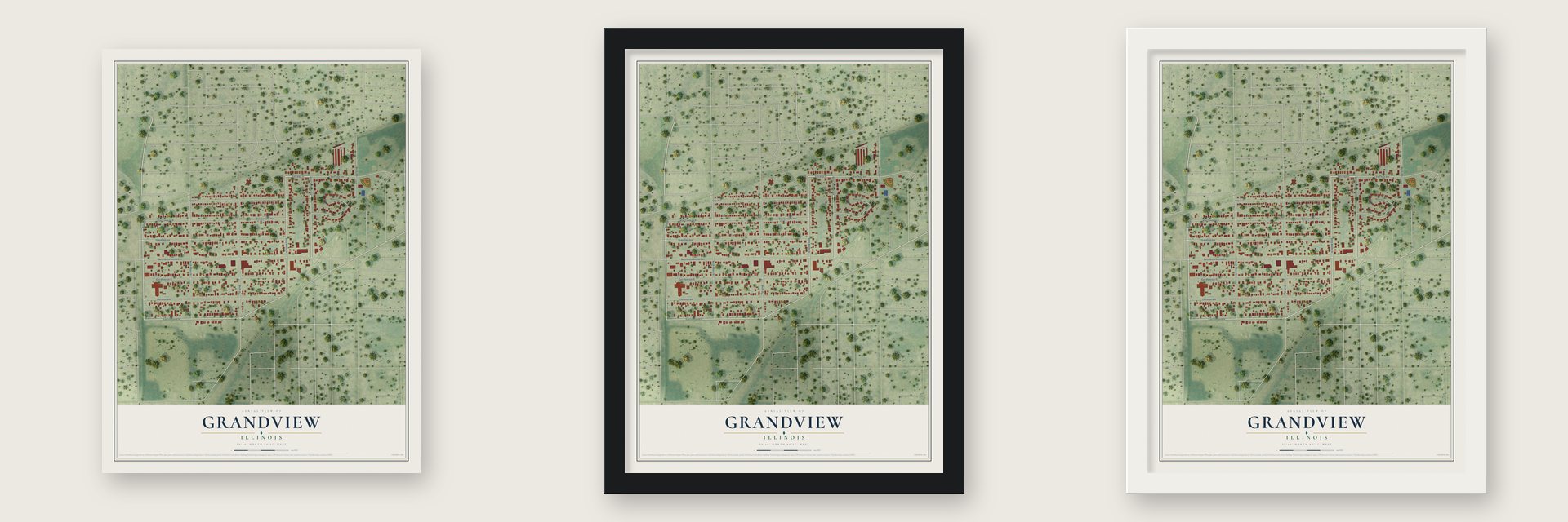 Grandview, Illinois map unframed, in a black wood frame and in a white wood frame