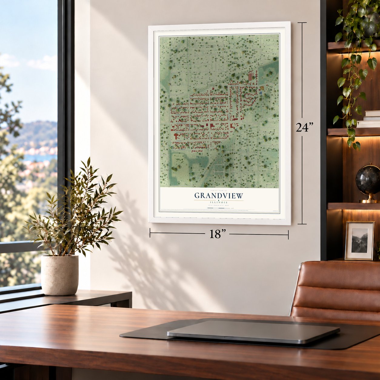 Grandview, Illinois map, 18 x 24 inch print in a white frame in a home office