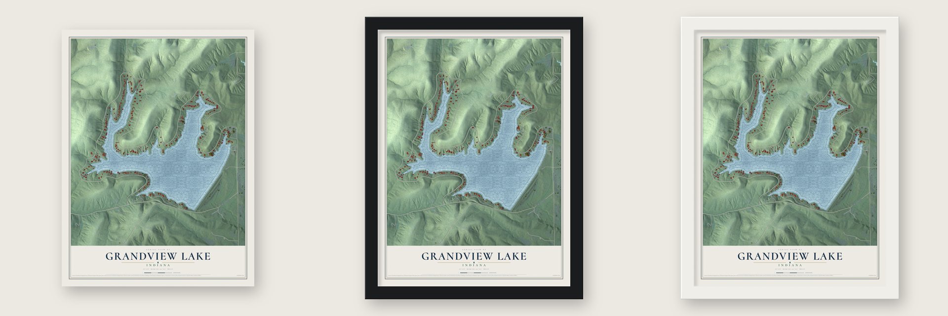 Grandview Lake, Indiana map unframed, in a black wood frame and in a white wood frame