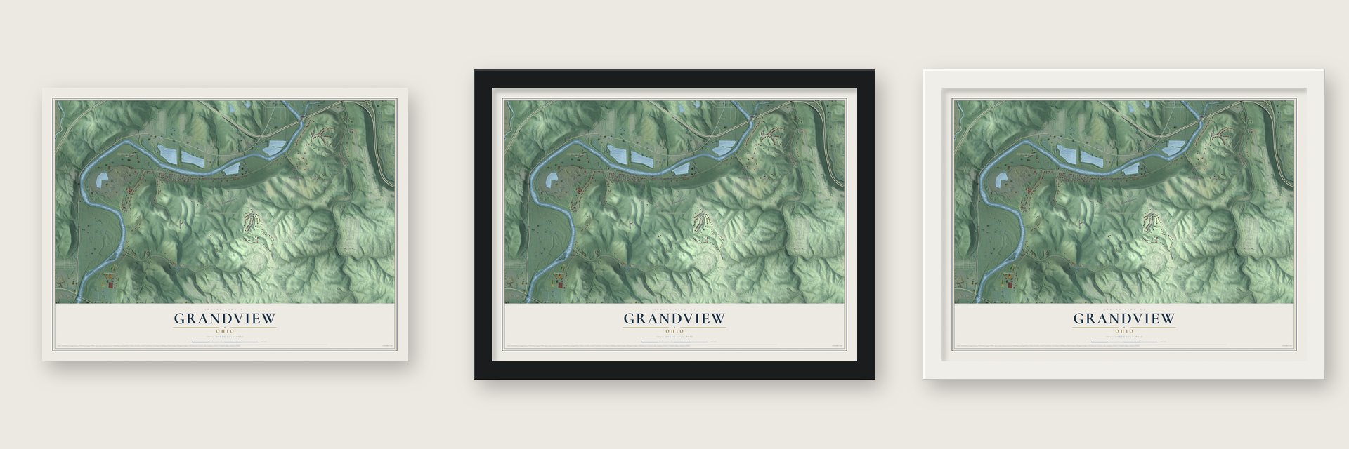 Grandview, Ohio map unframed, in a black wood frame and in a white wood frame