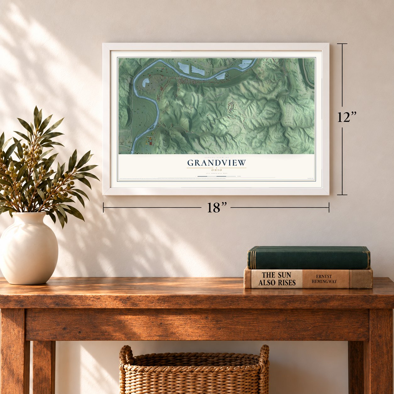 Grandview, Ohio map, 12 x 18 inch print in a white frame in an entryway