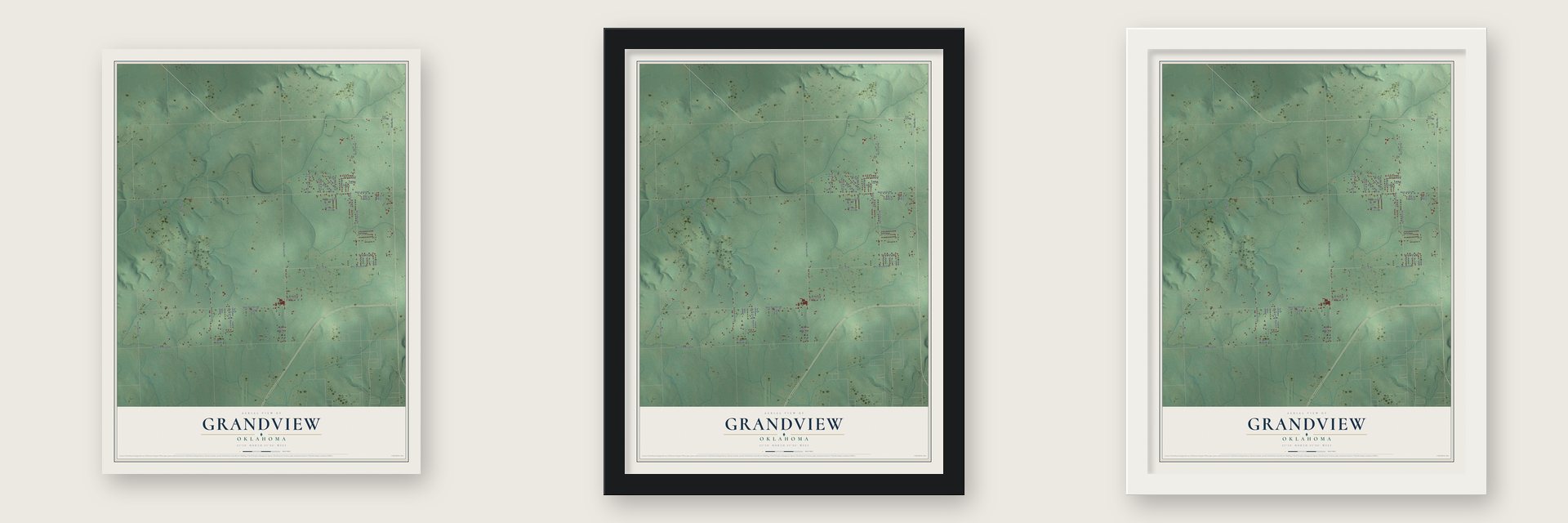 Grandview, Oklahoma map unframed, in a black wood frame and in a white wood frame