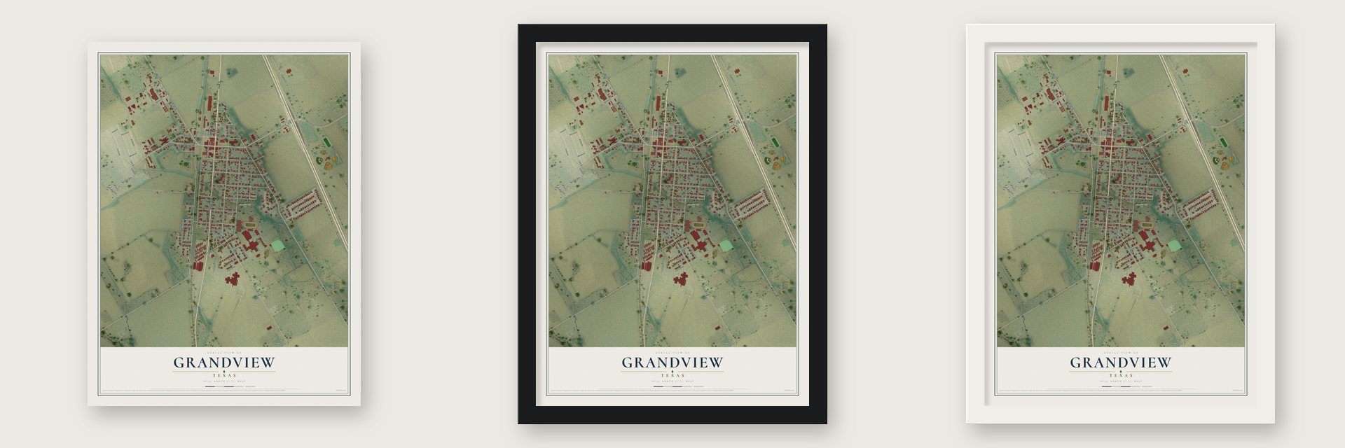 Grandview, Texas map unframed, in a black wood frame and in a white wood frame