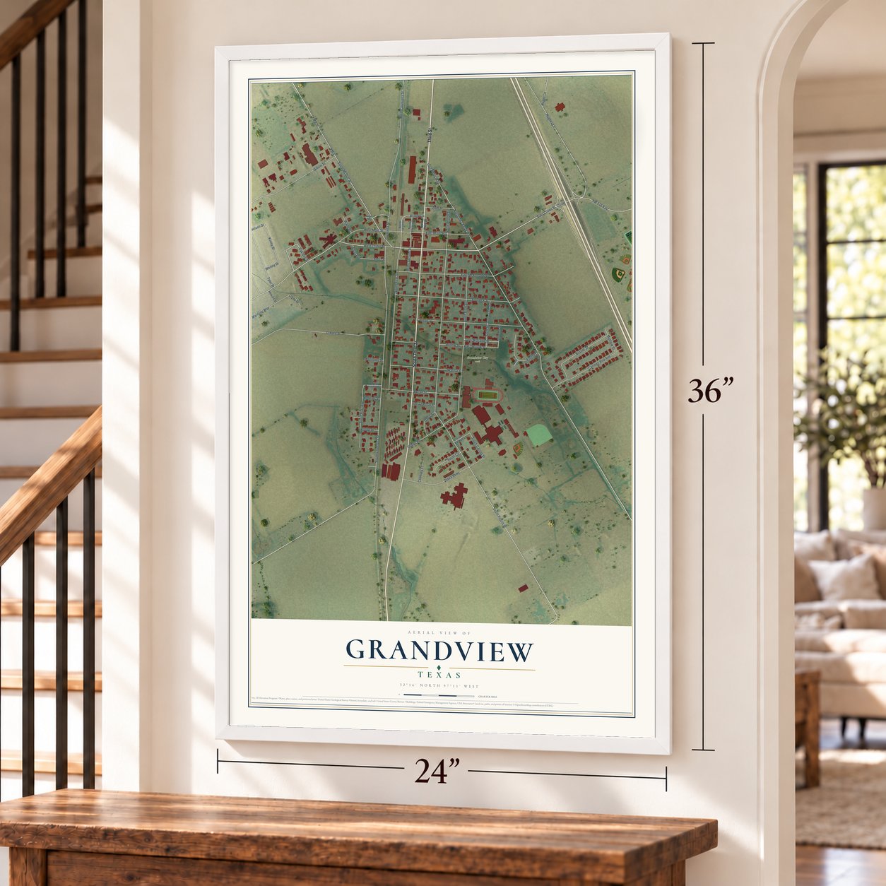 Grandview, Texas map, 24 x 36 inch print in a white frame by a staircase