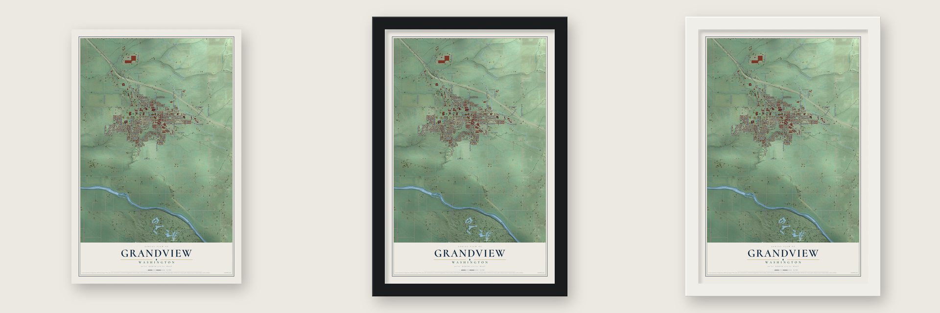 Grandview, Washington map unframed, in a black wood frame and in a white wood frame