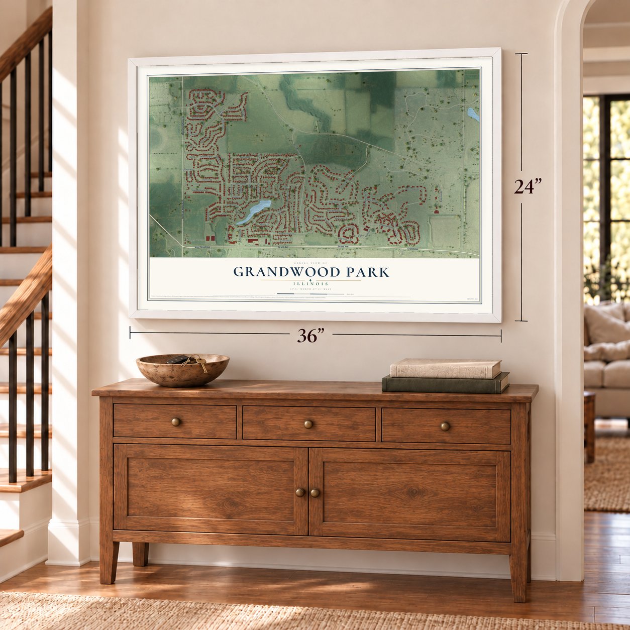 Grandwood Park, Illinois map, 24 x 36 inch print in a white frame above a dresser by a staircase