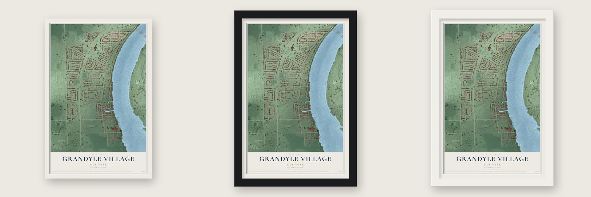 Grandyle Village, New York map unframed, in a black wood frame and in a white wood frame