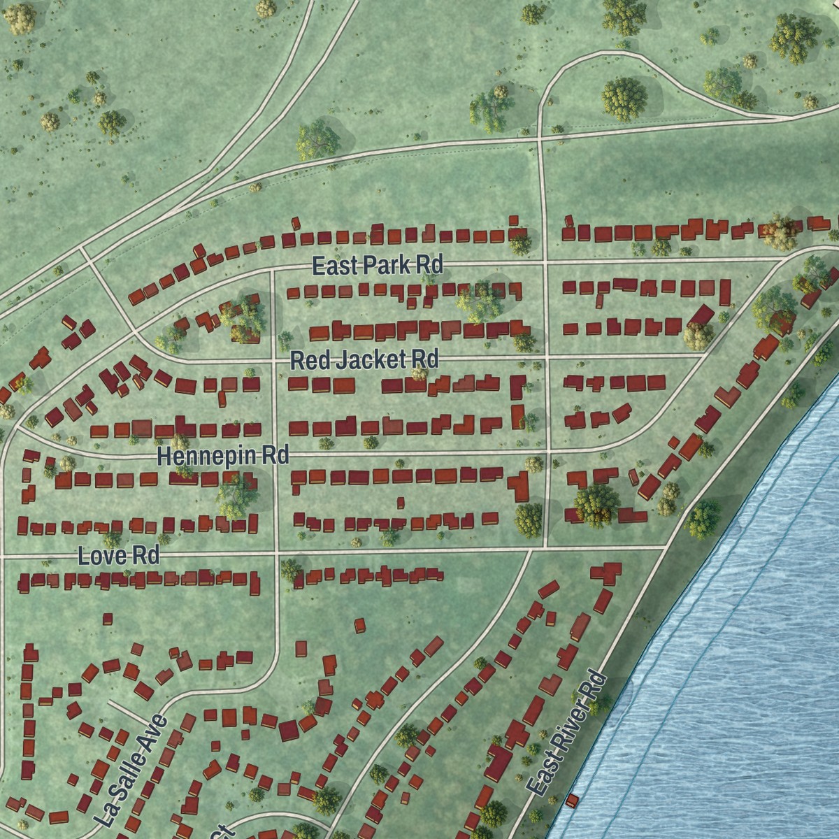 Second close-up of the map of Grandyle Village, New York print showing more streets and buildings