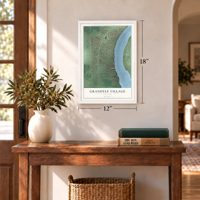 Grandyle Village, New York map, 12 x 18 inch print in a white frame in an entryway