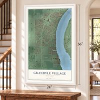 Grandyle Village, New York map, 24 x 36 inch print in a white frame by a staircase