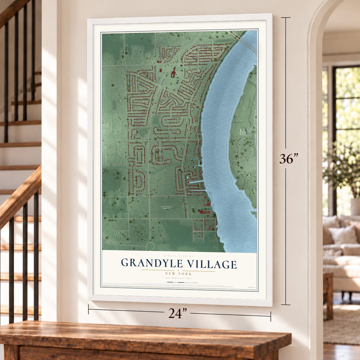 Grandyle Village, New York map, 24 x 36 inch print in a white frame by a staircase