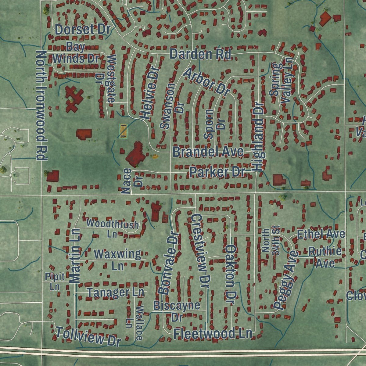 Second close-up of the map of Granger, Indiana print showing more streets and buildings