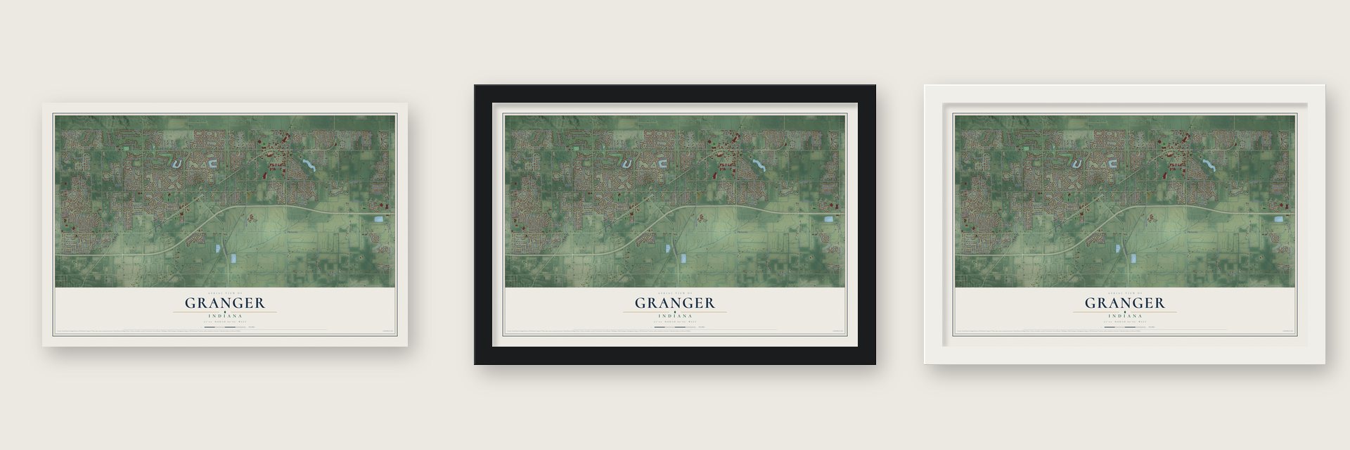 Granger, Indiana map unframed, in a black wood frame and in a white wood frame