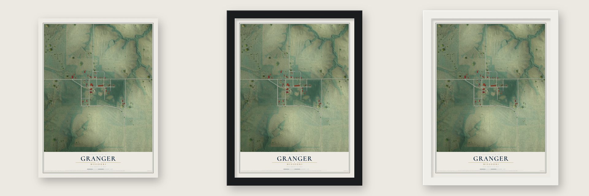 Granger, Missouri map unframed, in a black wood frame and in a white wood frame