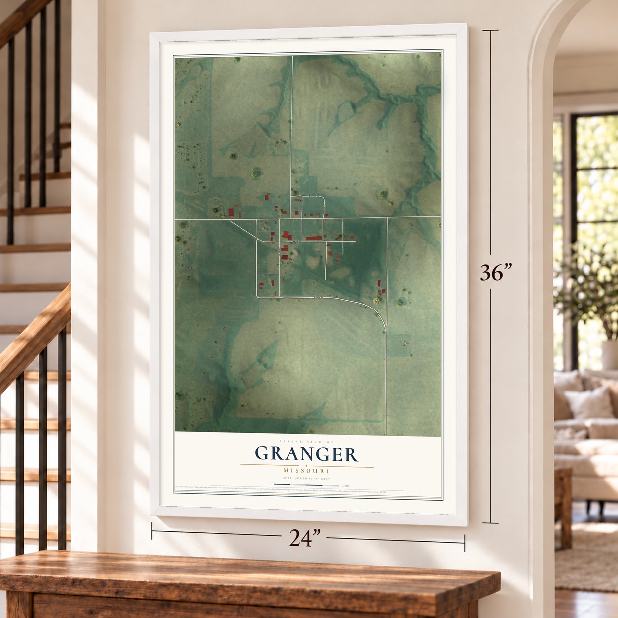 Granger, Missouri map, 24 x 36 inch print in a white frame by a staircase