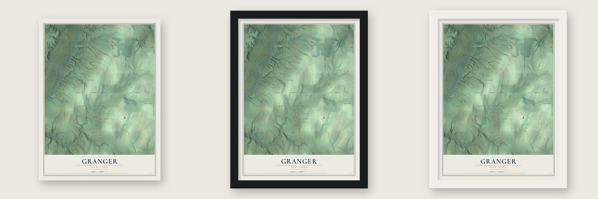 Granger, New York map unframed, in a black wood frame and in a white wood frame