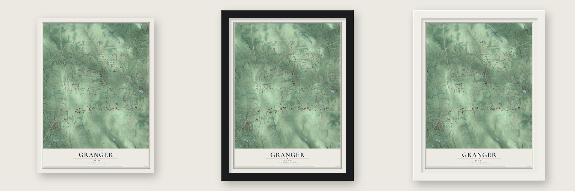 Granger, Ohio map unframed, in a black wood frame and in a white wood frame