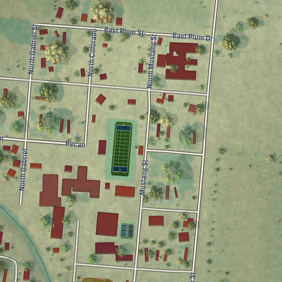 Second close-up of the map of Granger, Texas print showing more streets and buildings