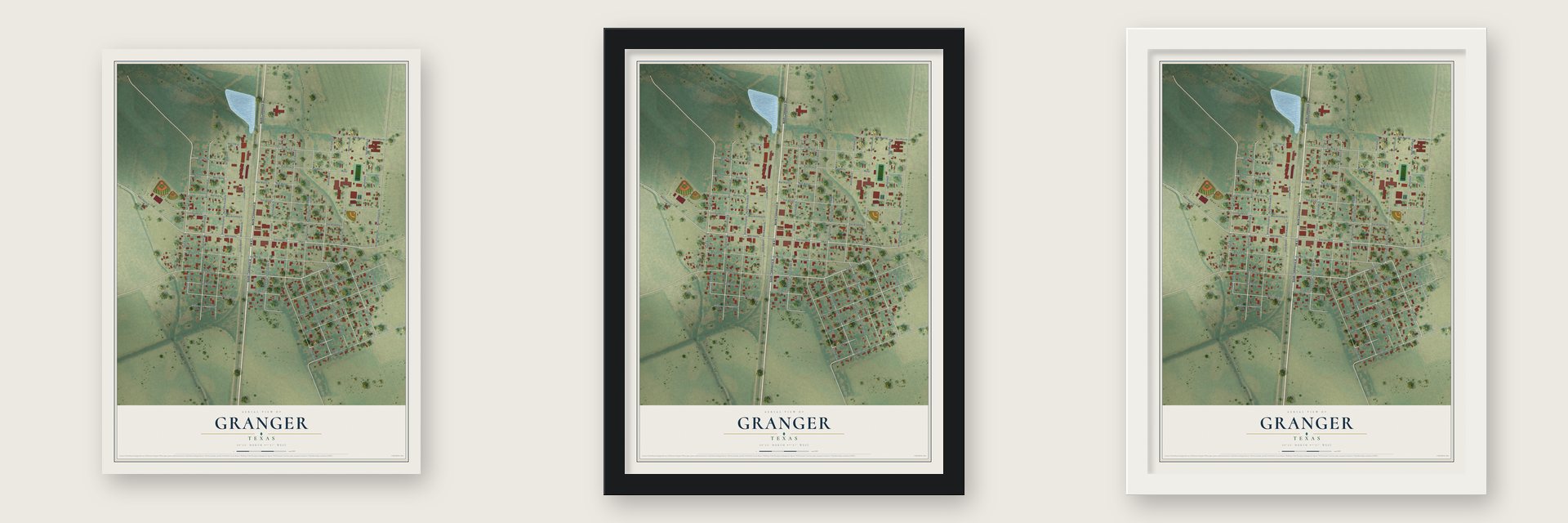 Granger, Texas map unframed, in a black wood frame and in a white wood frame