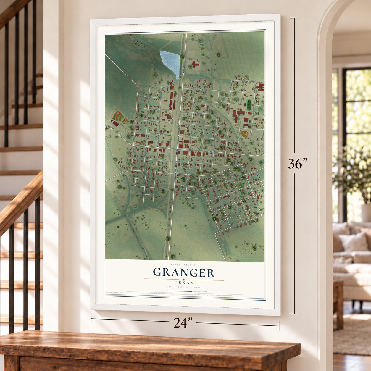Granger, Texas map, 24 x 36 inch print in a white frame by a staircase