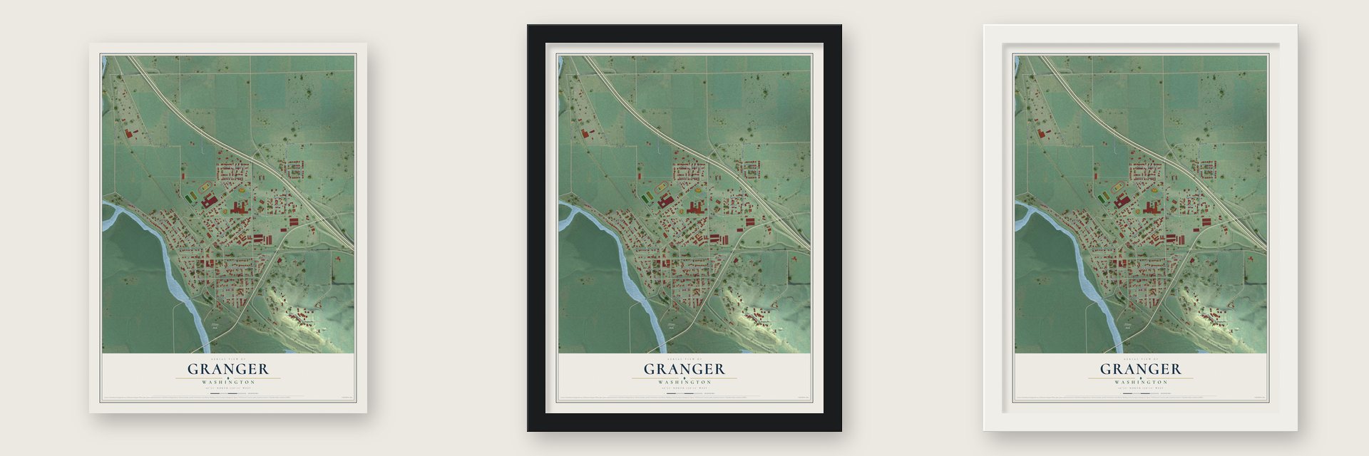 Granger, Washington map unframed, in a black wood frame and in a white wood frame