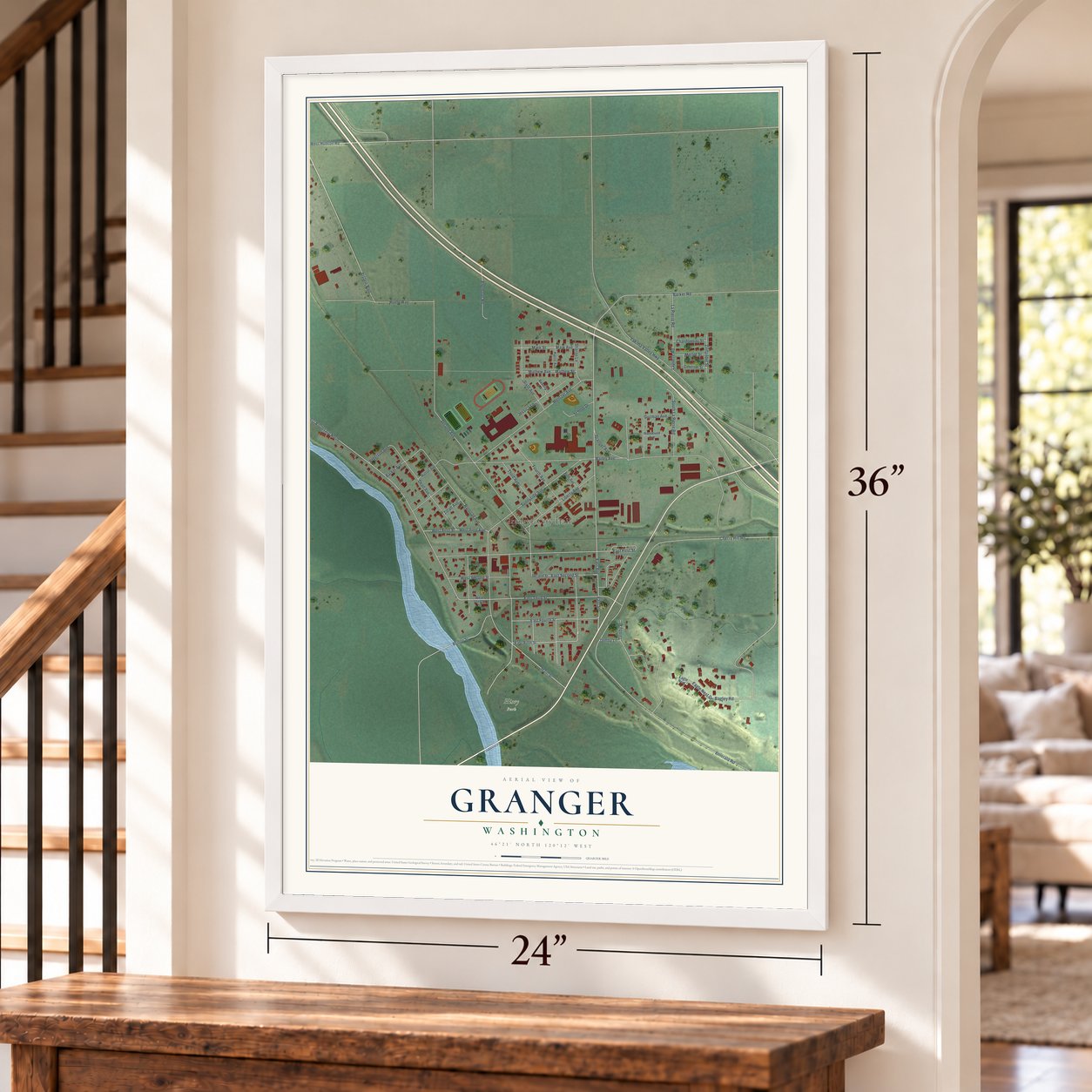 Granger, Washington map, 24 x 36 inch print in a white frame by a staircase