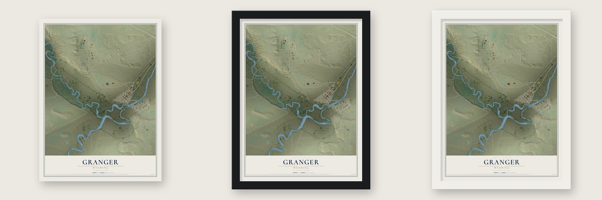 Granger, Wyoming map unframed, in a black wood frame and in a white wood frame