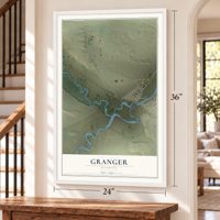 Granger, Wyoming map, 24 x 36 inch print in a white frame by a staircase