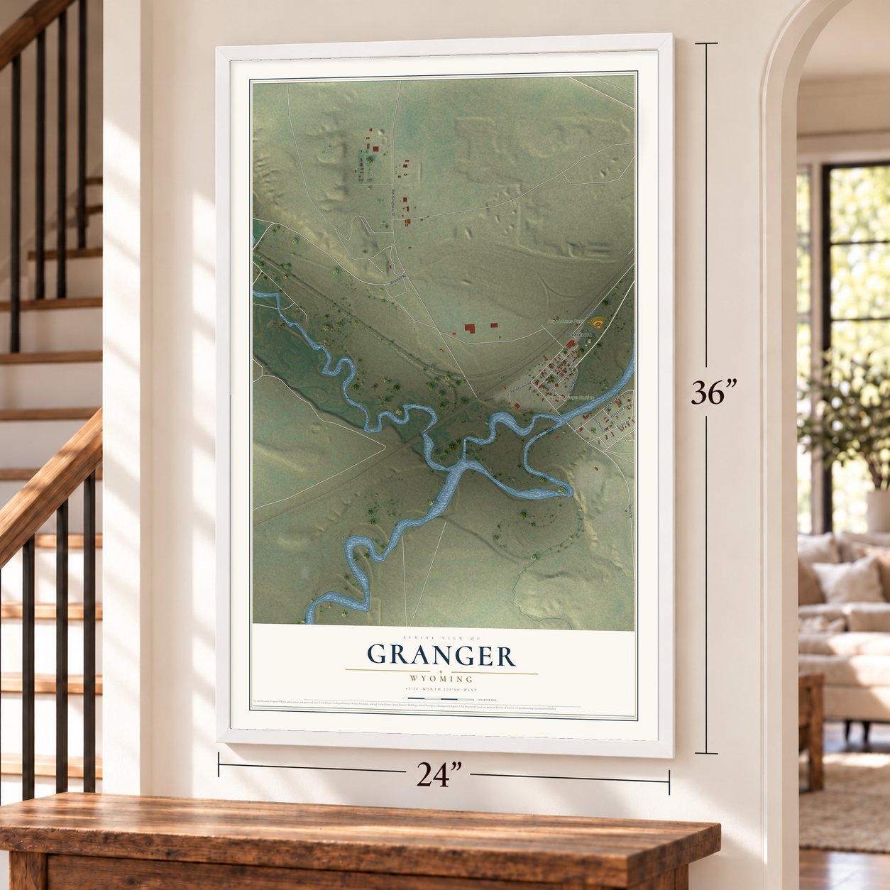 Granger, Wyoming map, 24 x 36 inch print in a white frame by a staircase