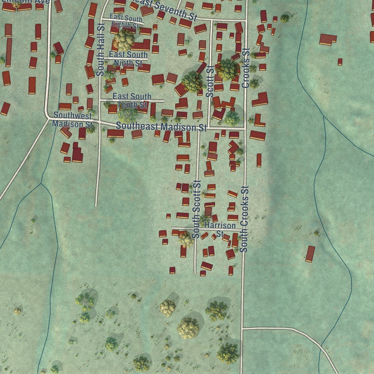 Second close-up of the map of Grangeville, Idaho print showing more streets and buildings