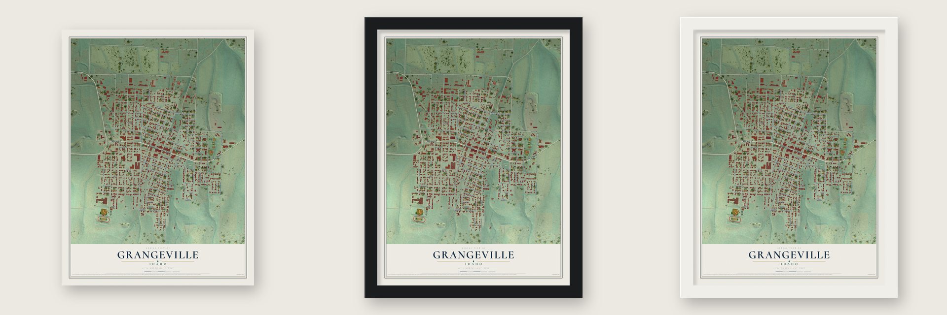 Grangeville, Idaho map unframed, in a black wood frame and in a white wood frame