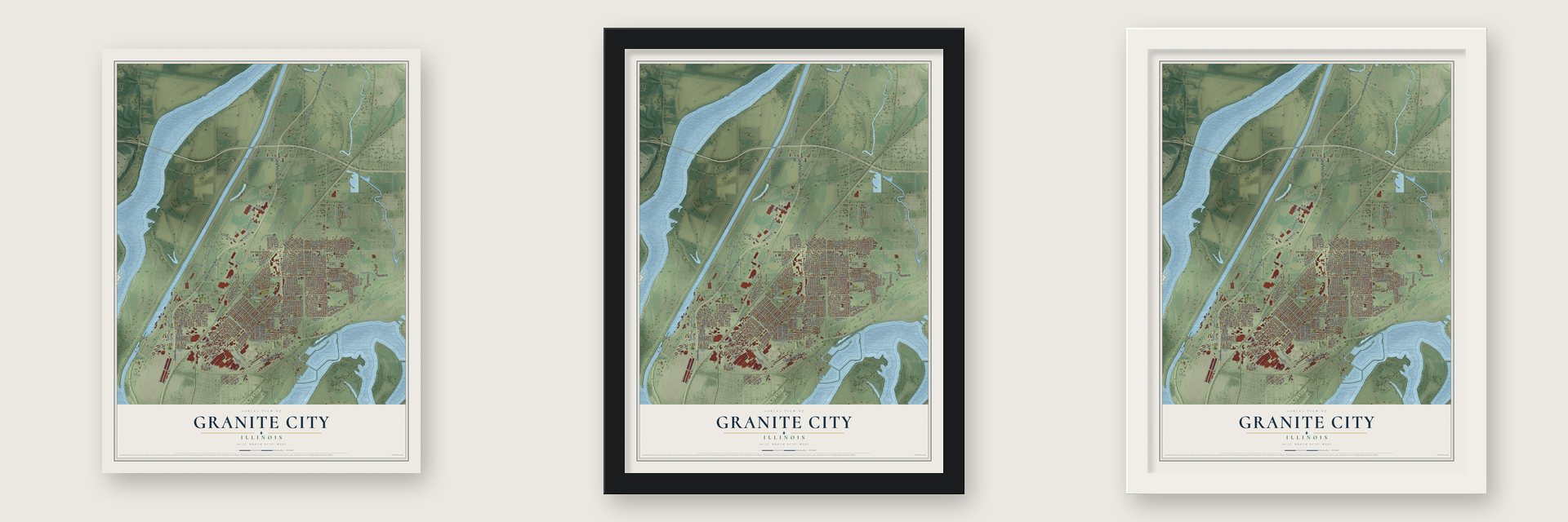 Granite City, Illinois map unframed, in a black wood frame and in a white wood frame