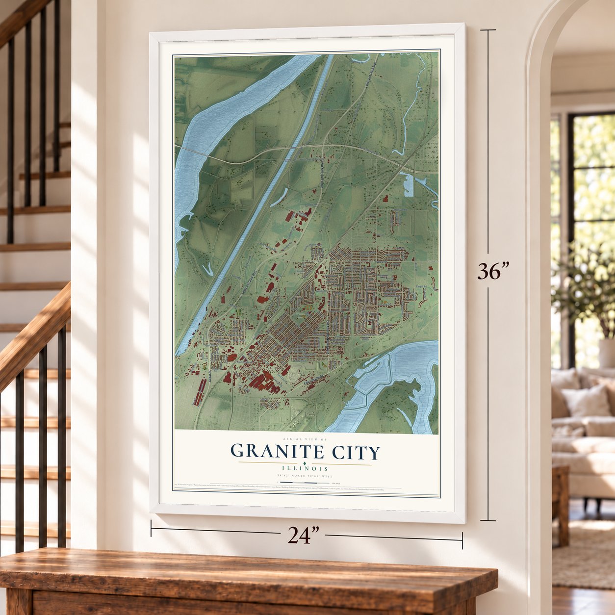 Granite City, Illinois map, 24 x 36 inch print in a white frame by a staircase