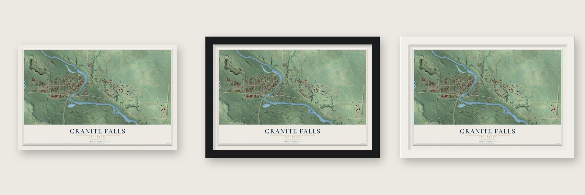 Granite Falls, Minnesota map unframed, in a black wood frame and in a white wood frame