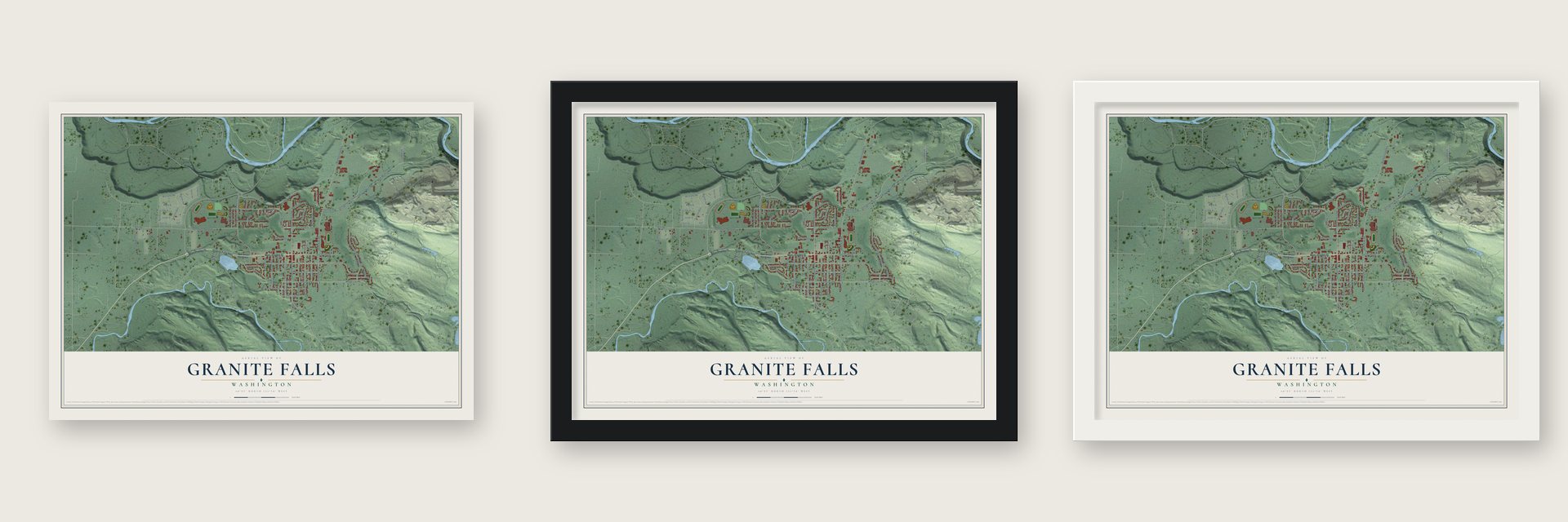 Granite Falls, Washington map unframed, in a black wood frame and in a white wood frame