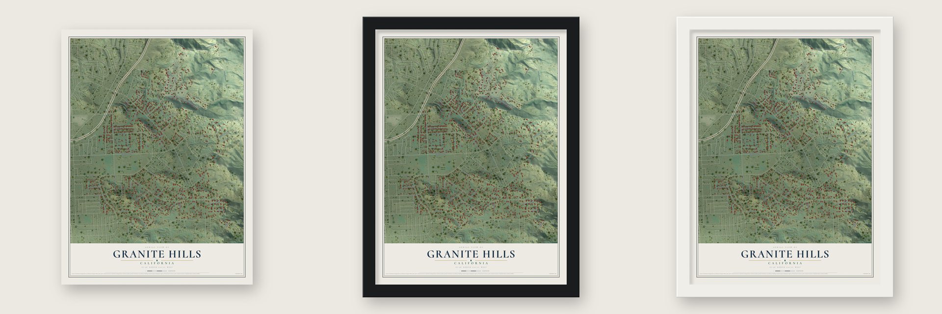 Granite Hills, California map unframed, in a black wood frame and in a white wood frame