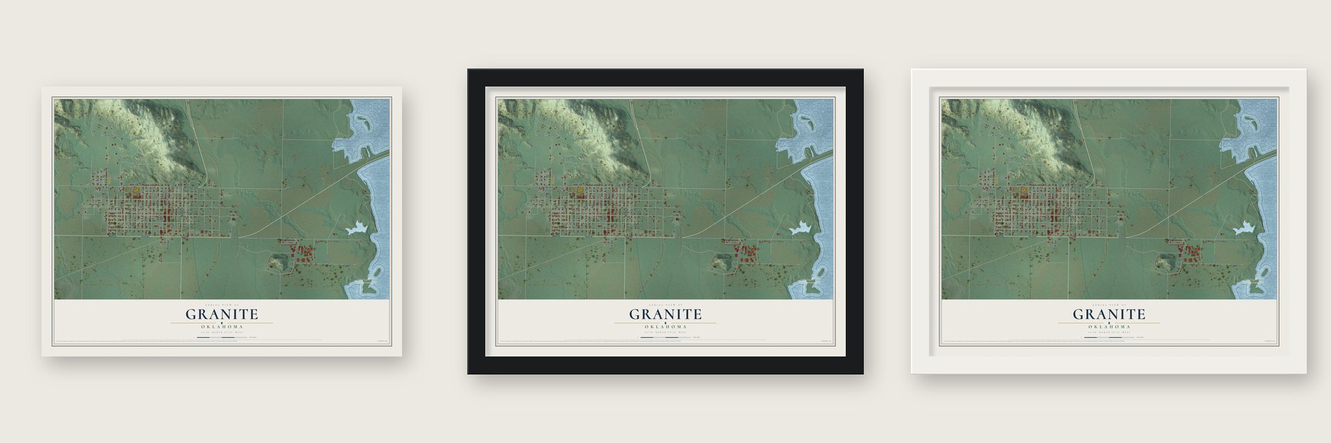 Granite, Oklahoma map unframed, in a black wood frame and in a white wood frame