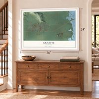 Granite, Oklahoma map, 24 x 36 inch print in a white frame above a dresser by a staircase