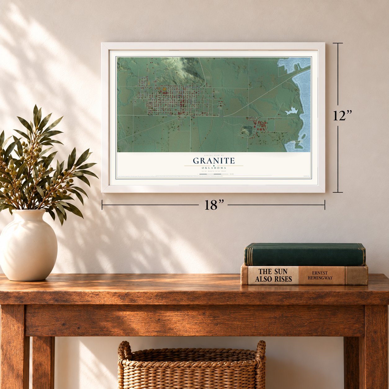 Granite, Oklahoma map, 12 x 18 inch print in a white frame in an entryway
