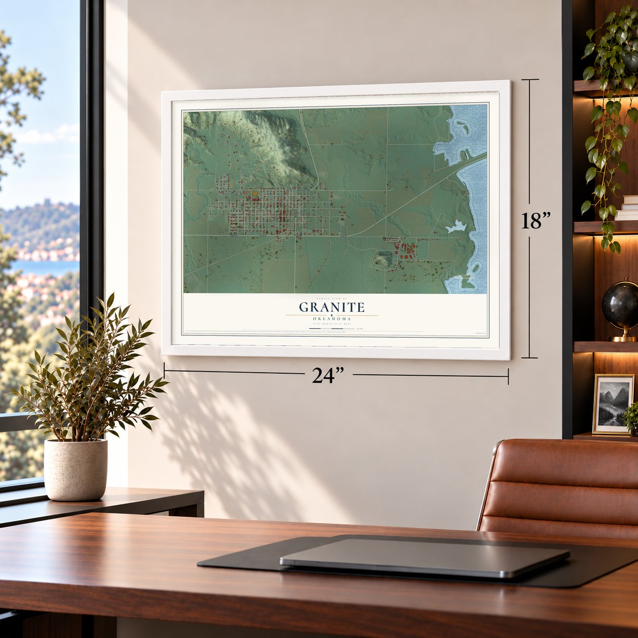 Granite, Oklahoma map, 18 x 24 inch print in a white frame in a home office