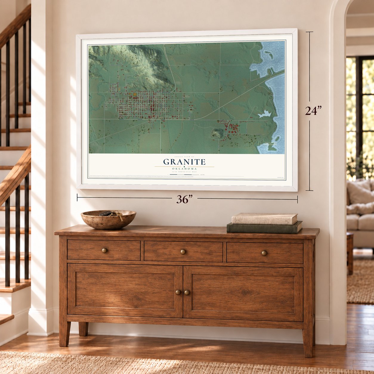 Granite, Oklahoma map, 24 x 36 inch print in a white frame above a dresser by a staircase