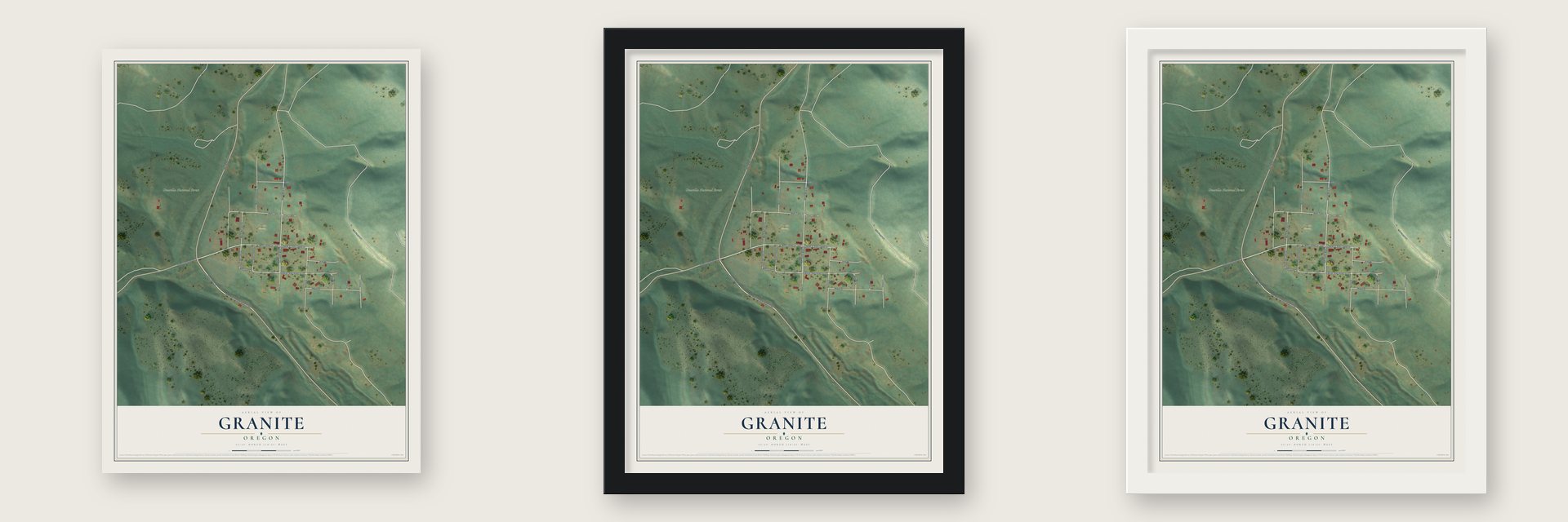 Granite, Oregon map unframed, in a black wood frame and in a white wood frame