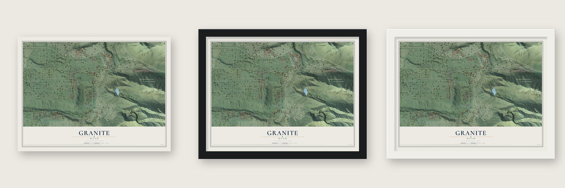Granite, Utah map unframed, in a black wood frame and in a white wood frame