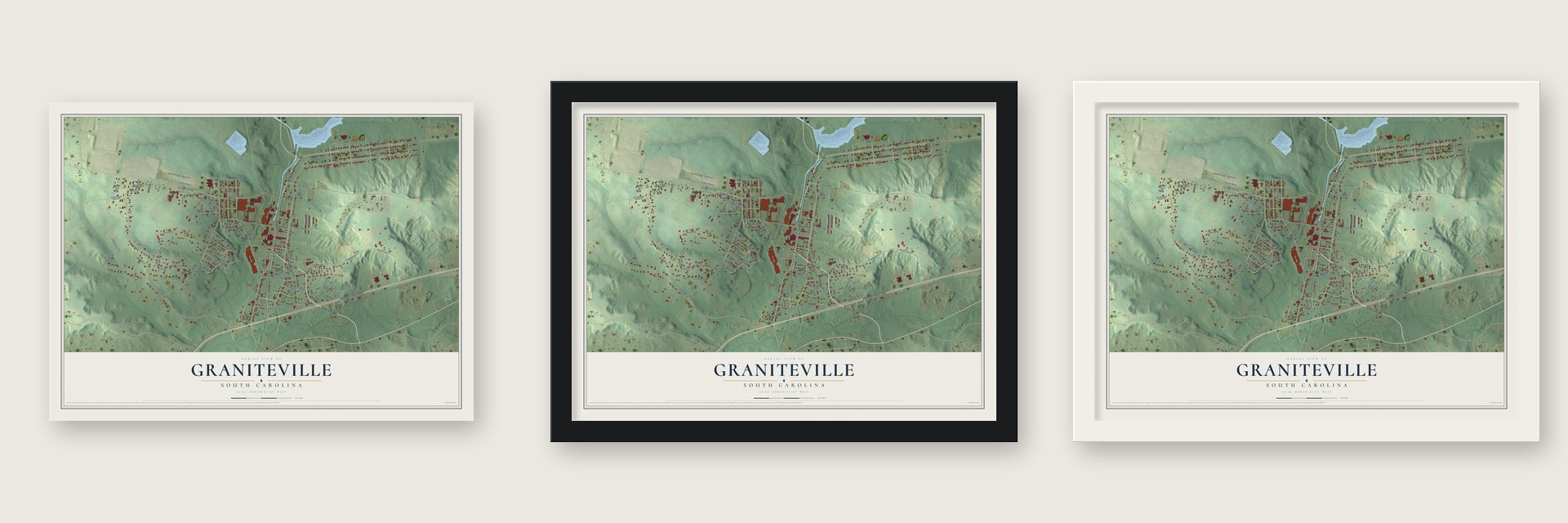 Graniteville, South Carolina map unframed, in a black wood frame and in a white wood frame