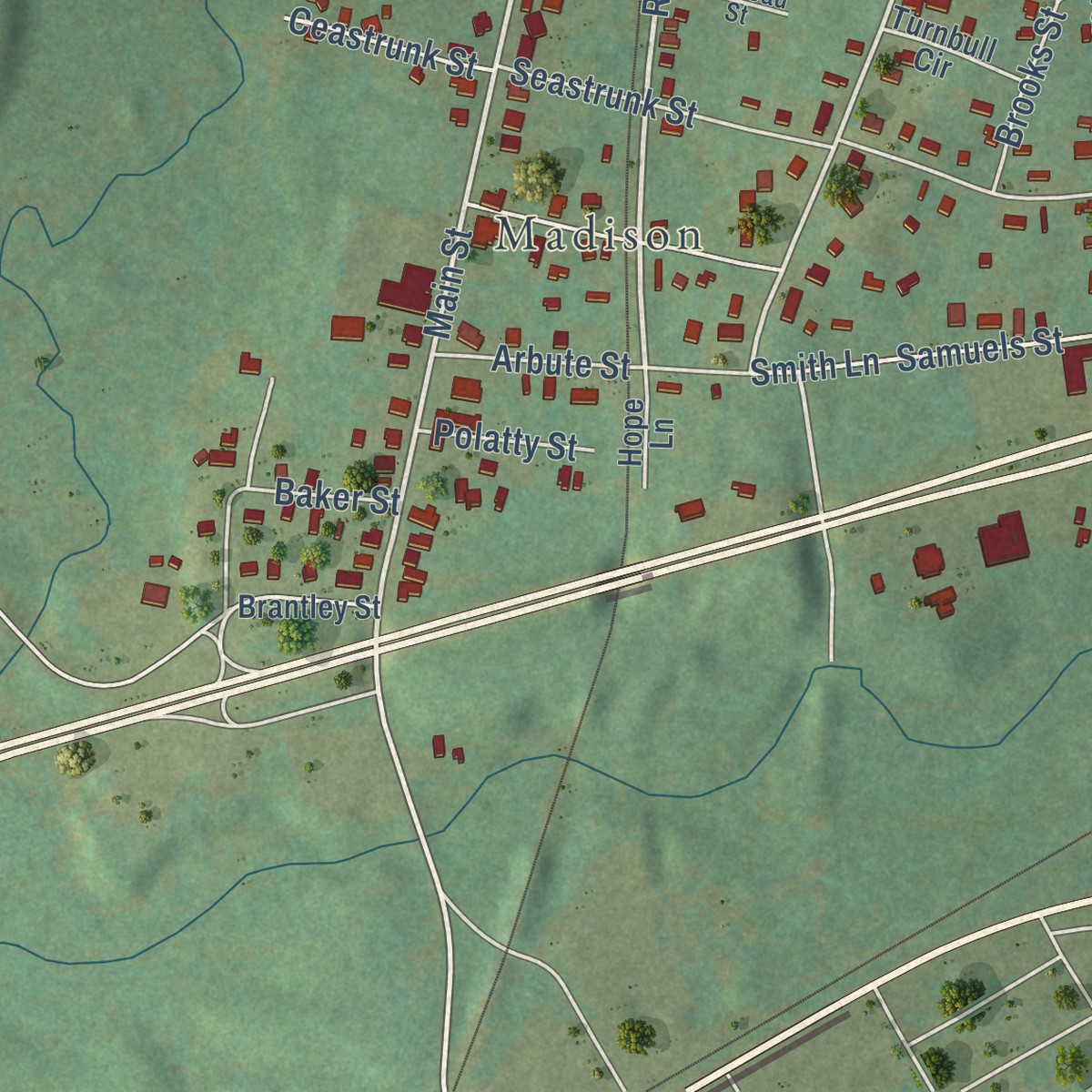 Second close-up of the map of Graniteville, South Carolina print showing more streets and buildings
