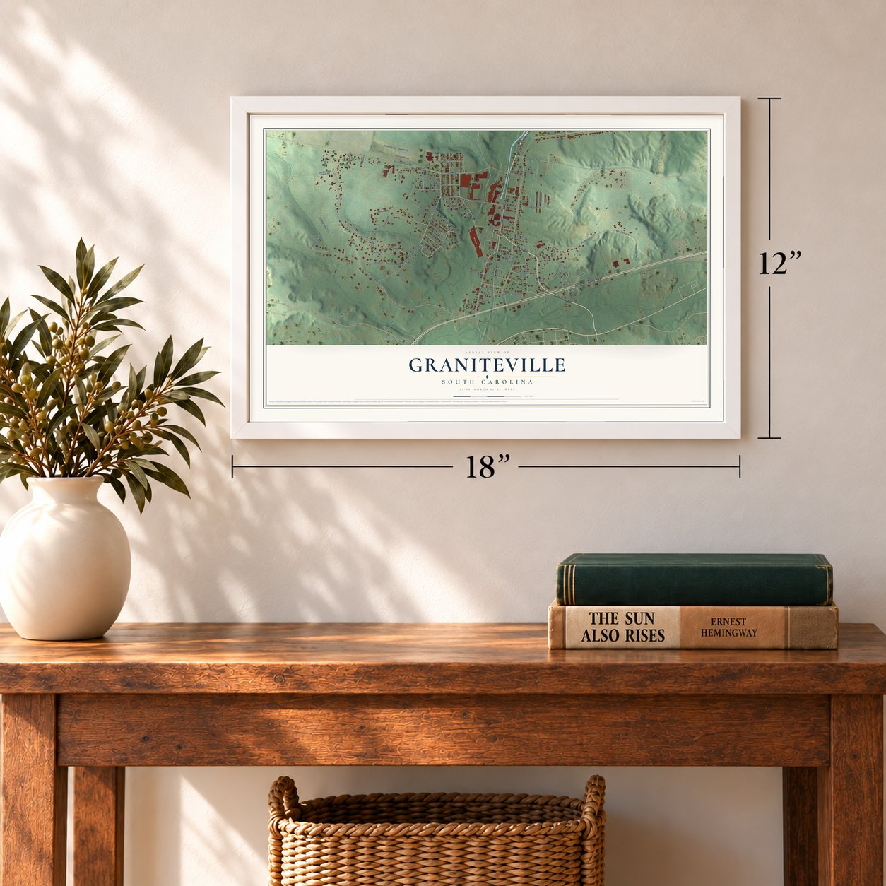 Graniteville, South Carolina map, 12 x 18 inch print in a white frame in an entryway