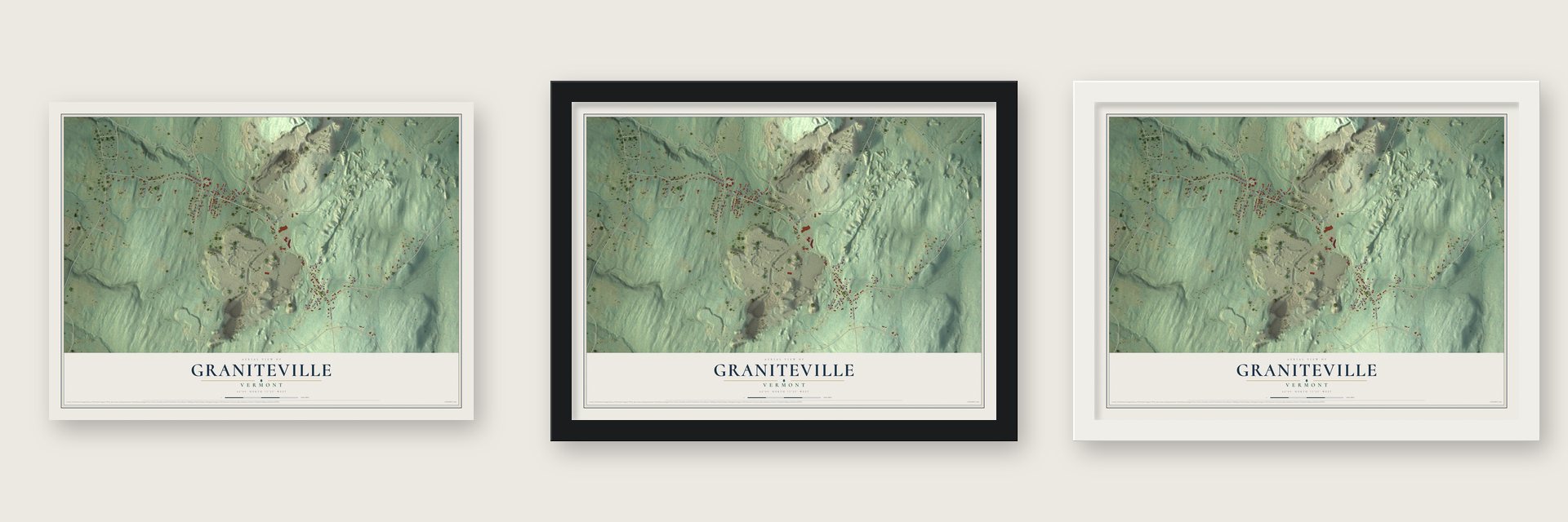 Graniteville, Vermont map unframed, in a black wood frame and in a white wood frame