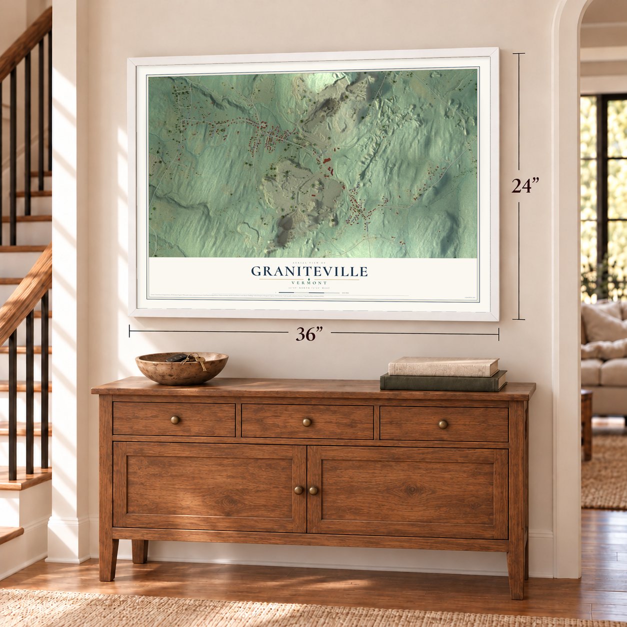 Graniteville, Vermont map, 24 x 36 inch print in a white frame above a dresser by a staircase
