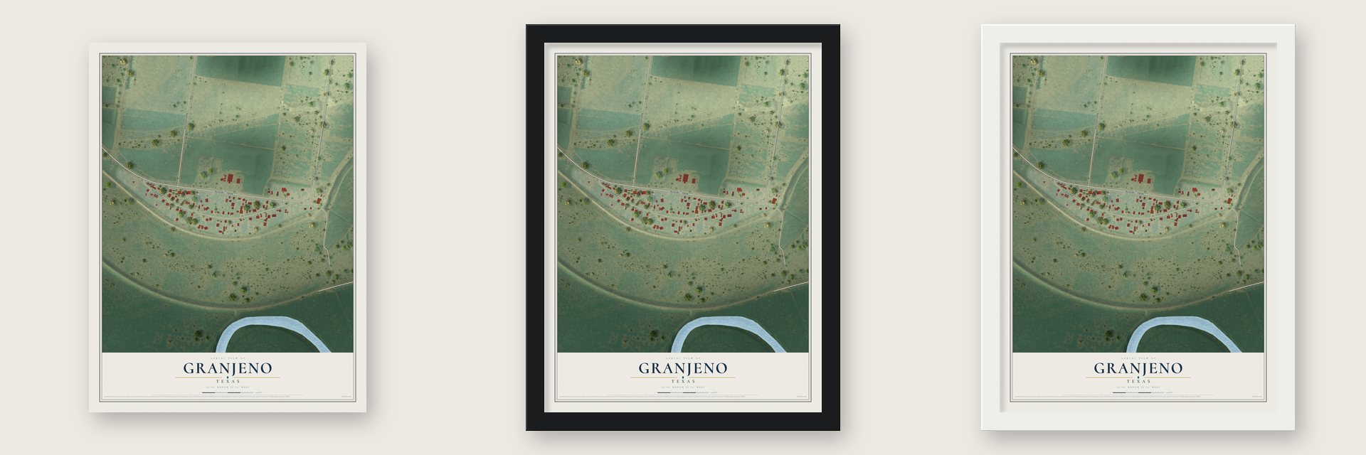 Granjeno, Texas map unframed, in a black wood frame and in a white wood frame