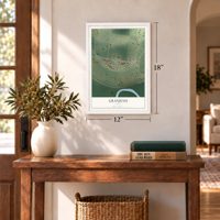 Granjeno, Texas map, 12 x 18 inch print in a white frame in an entryway